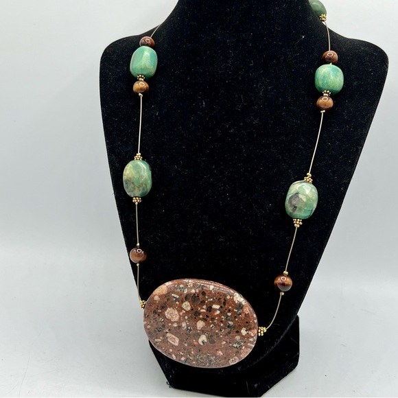 Artisan gemstone necklace chunky heavy brown & green stone beads 25” - Picture 11 of 11